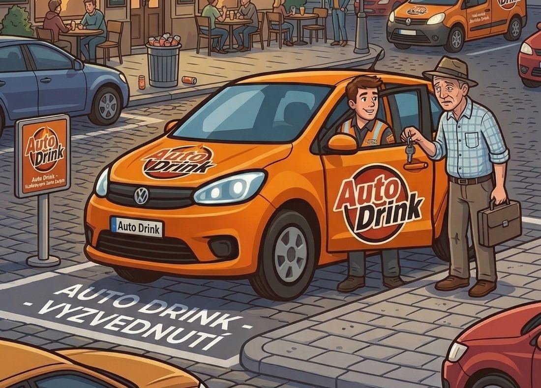 Předání klíčků řidiči Auto Drink před podnikem v centru Brna